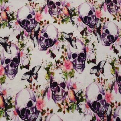 Jersey Stoff Flower Skulls Totenköpfe Blumen Schmetterling weiß grün lila schwarz Meterware