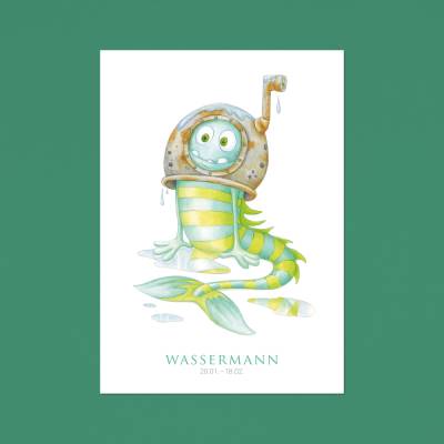 Postkarte Wassermann A6 · Sternzeichen Geburtstag Geburt Aquarell Buntstift Januar Februar