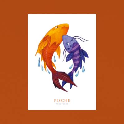 Postkarte Fische A6 · Sternzeichen Geburtstag Geburt Aquarell Buntstift Februar März