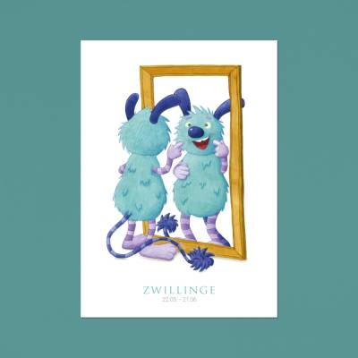 Postkarte Zwillinge A6 · Sternzeichen Geburtstag Geburt Aquarell Buntstift Mai Juni