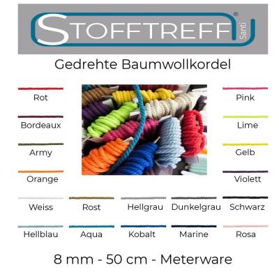 Gedrehte/ Geflochtene Baumwollkordel-50 cm Schritte-Meterware-ca.8 mm Stärke-18 verschiedene Farben