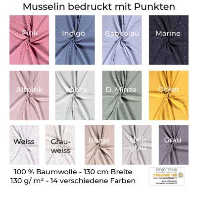 Musselin-Bedruckt-Punkte-100 % Baumwolle-130 cm Breite-50 cm Schritte-Meterware-Oeko-Tex® Standard 100-14 Farben