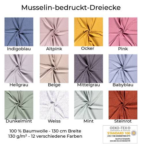 Musselin-Bedruckt-Dreiecke-100 % Baumwolle-130 cm Breite-50 cm Schritte-Meterware-Oeko-Tex® Standard 100-12 Farben