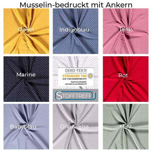 Musselin-Bedruckt-Anker-100 % Baumwolle-130 cm Breite-50 cm Schritte-Meterware-Oeko-Tex Standard 100-9 Farben