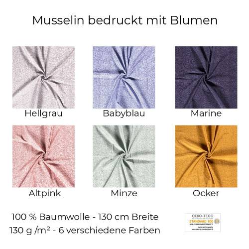 Musselin-Bedruckt-Blumen-100 % Baumwolle-130 cm Breite-50 cm Schritte-Meterware-Oeko-Tex Standard 100-6 Farben
