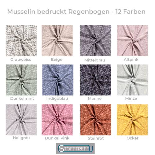 Musselin-Bedruckt-Regenbögen-50 cm Schritte-Meterware-12 Farben