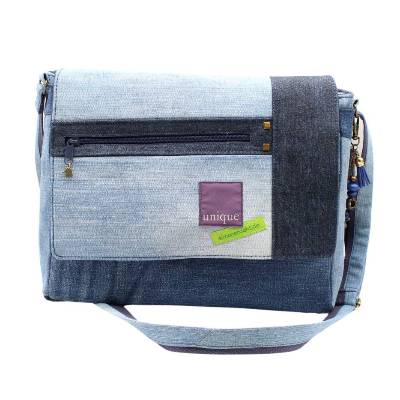 Schultertasche im Retro Look, Umhängetasche im Jeans-Upcycling, Jeanstasche