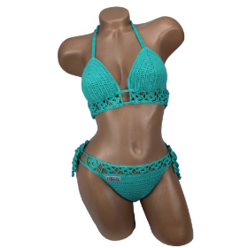 Häkelbikini türkis – handgefertigter Triangel-Bikini Damen wassertauglich Spezialgarn Blumenborte