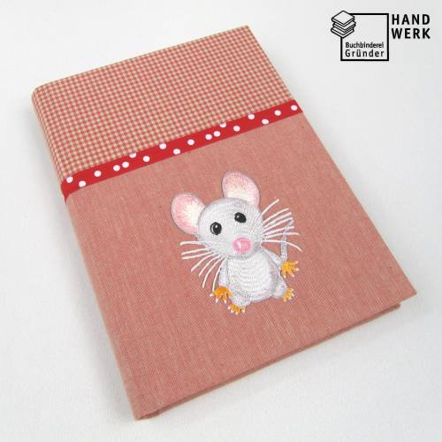 Notizbuch, Maus rot Punkte Karo, A5, 300 Seiten, Hardcover, handgefertigt
