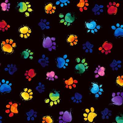 Patchworkstoff Baumwollstoff bunte Pfoten auf schwarzem Hintergrund von Timeless Treasures zum Nähen und Quilten