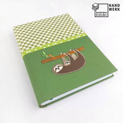 Notizbuch, Faultier grün, A5, 300 Seiten, karo Punkte Hardcover, handgefertigt