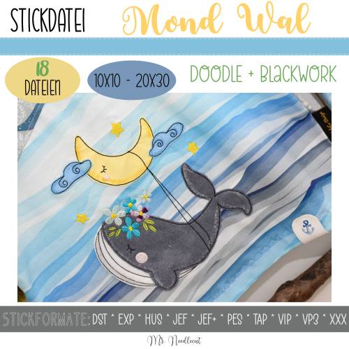 Digitale Stickdatei Mond Wal für den 10x10 - 20x30 cm (4x4 - 8x12") Stickrahmen
