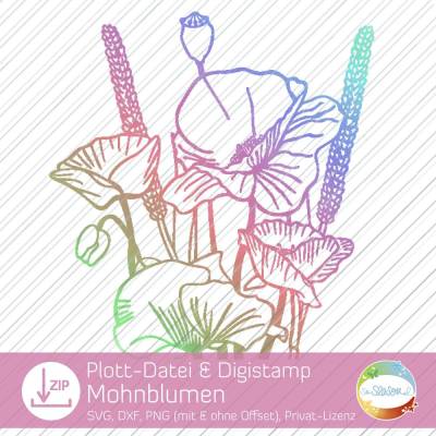 Plotterdatei Mohnblumen, Mohnblüte mit Stempel, Blumen-Bouquet mit Mohn, Folienplott und Digistamp von senSEASONal