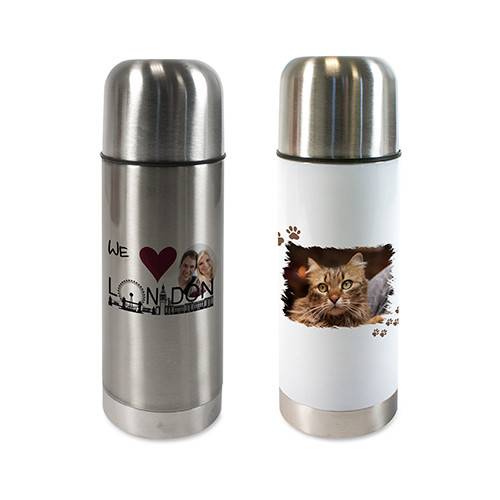 Edelstahl-Thermoflasche 350 ml. doppelwandig + Schraubverschluss als Trinkbecher in 2 Farben und 2 Größen