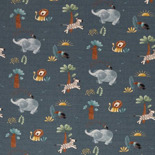 Jersey jeansblau meliert Elefant Zebra Löwe Tukan - Savanna Friends Swafing - Stoffe Meterware