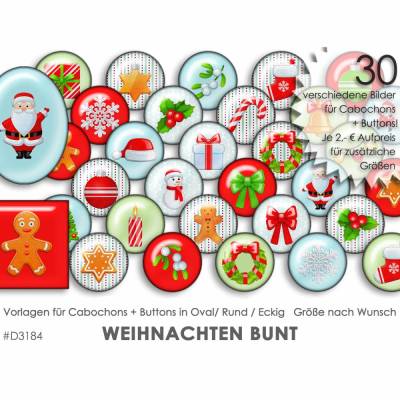 WEIHNACHTEN BUNT 30 Cabochonvorlagen Cabochon Vorlagen digital Download Buttonvorlagen Bilder Schmuck Buttons Kreise