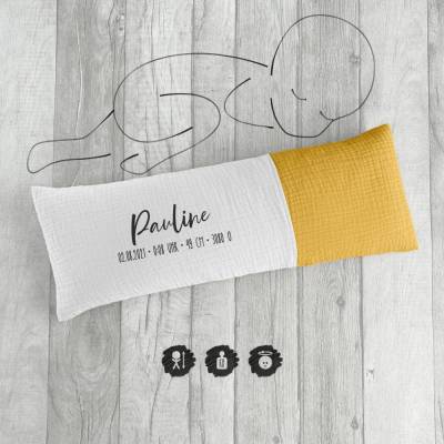 Geburtskissen mit Echtmaßen | Größe und Gewicht deines Babys | weiß/senfgelb aus Musselin