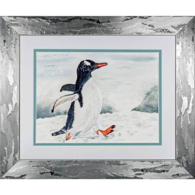 Mit Flossen durch den Schnee - Original Aquarellmalerei, gerahmtes Unikat