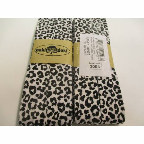3 m Jersey -Schrägband  "oaki doki" Leo Animal Print weiß 40/20mm  (1m/1,17 €)