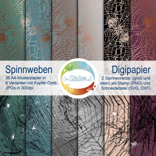 Digi-Papier Spinnweben, Halloween-Papier für Plotter, Schneidedatei Spinnennetz, 36 mal digitales Papier für Halloween