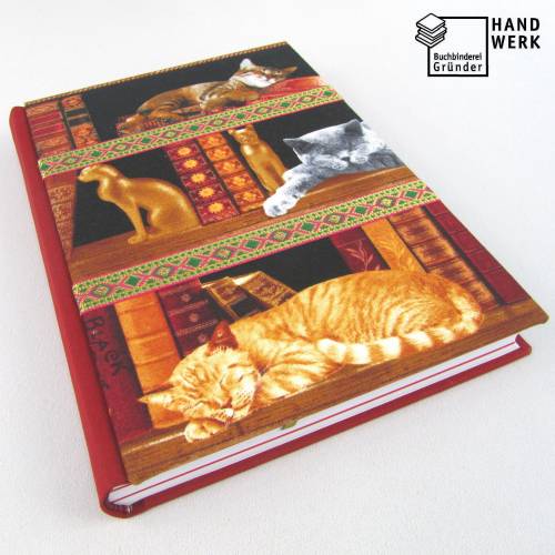 Notizbuch, Katzen Bücher, rosenrot, A5, 150 Blatt, Hardcover, handgefertigt