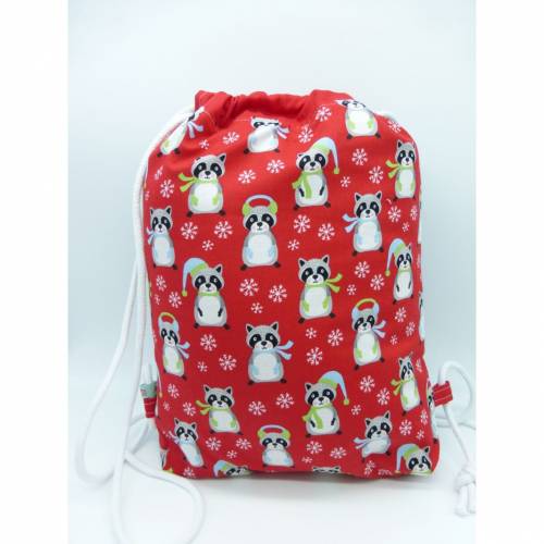 Kinder-Rucksack, Turnbeutel, Waschbären im Schnee, GeschenkSchulanfang, Nikolaus, Weihnachten