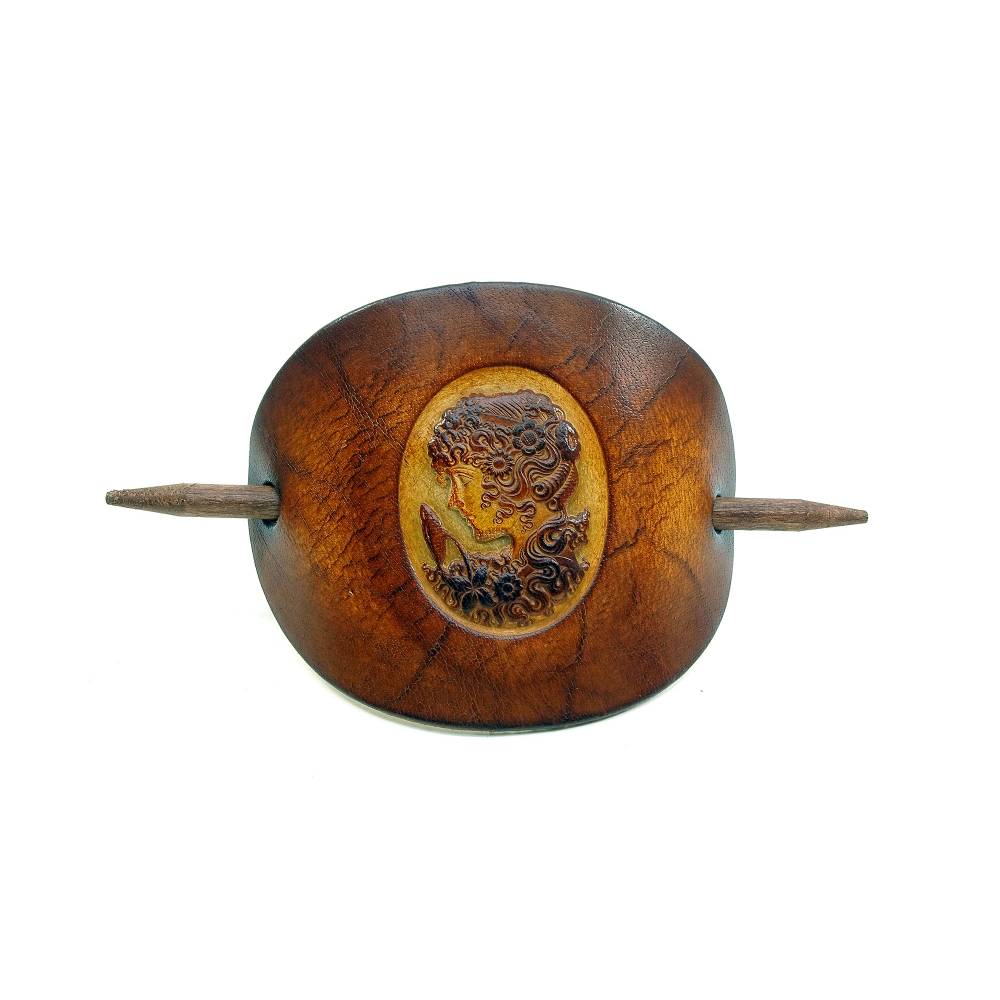 Leder Haarspange OX Antique Cameo Charlotte by Vickys World - Rindsleder & Holz Bild 4