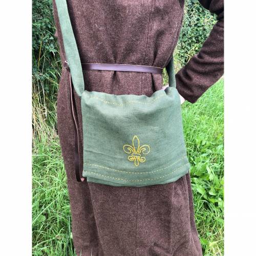 Mittelalterliche Umhängetasche, bestickt mit Lilie, Pilgertasche, Brotbeutel, Mittelalter Reenactment, Larp, Living-Hist