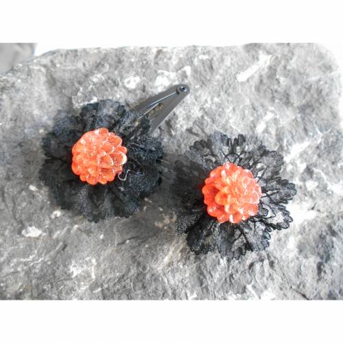 1 Paar schwarze    Haarspangen  Spitze mit Cabochon Blume , Chrysanthemen