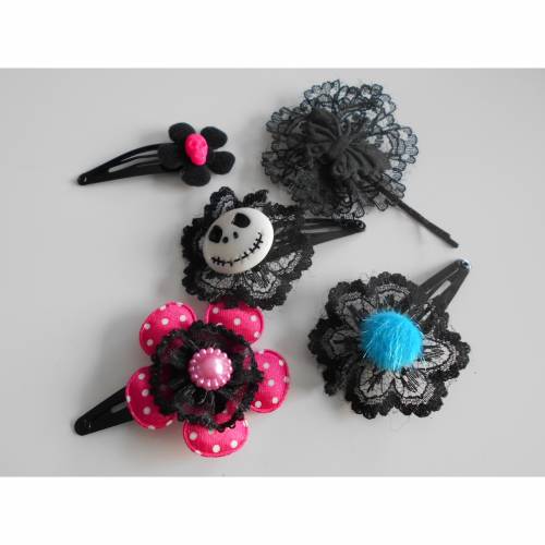 SET 5 Haarspangen mit Motiv , Skull, Perle, Schmetterling 