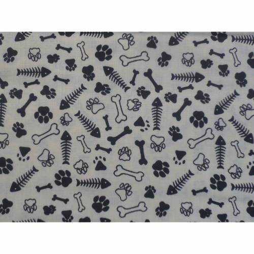 10,30 EUR/m Baumwolle Pfötchen / Pfoten Katzen / Hunde / Knochen schwarz auf creme