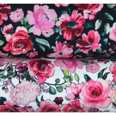 Sweat Bio French Terry mit üppigen roten Rosen Schwarz und weiß 50 cm x 145 cm Stoff