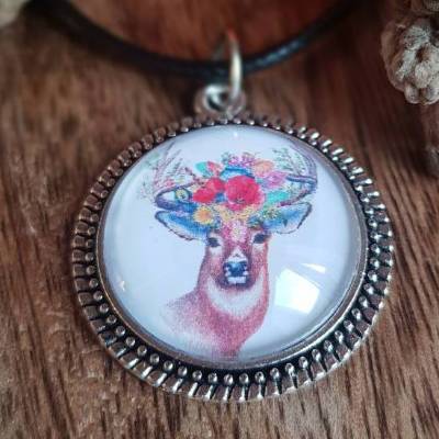 Hirsch mit Blütenkranz Anhänger Cabochon 20mm Herbst 