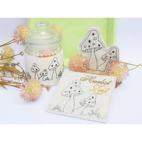 Stickdatei Pilze Herbst Redwork SET 9erlei mit ITH Untersetzer