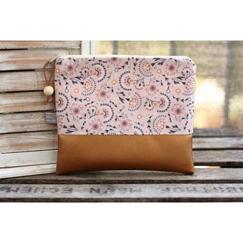 Große rosa Kosmetiktasche L MONI mit Blumen und Fächern mit Kunstleder in kupfer Kulturtasche Schminktasche