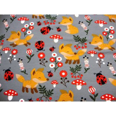 French Terry Sweat geraut Fuchs Pilze Marienkäfer Babystoff Öko Tex taupe Stoffe Meterware nähen Maikäfer Fuchs Pilze 