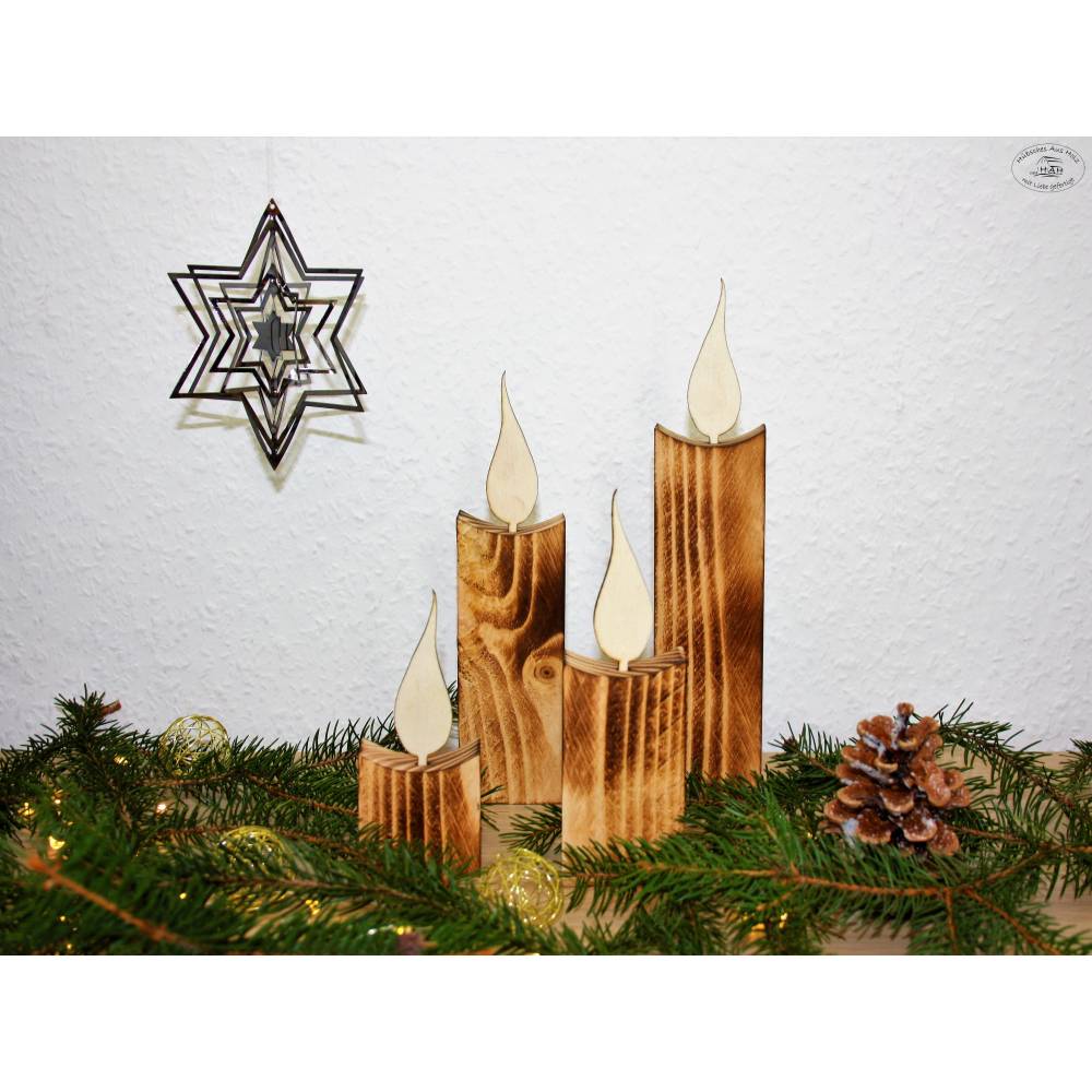 Kerzen aus Holz, rustikal geflammt, 4er-Set / Weihnachtsdeko / Holzdeko / Advent / Weihnachten