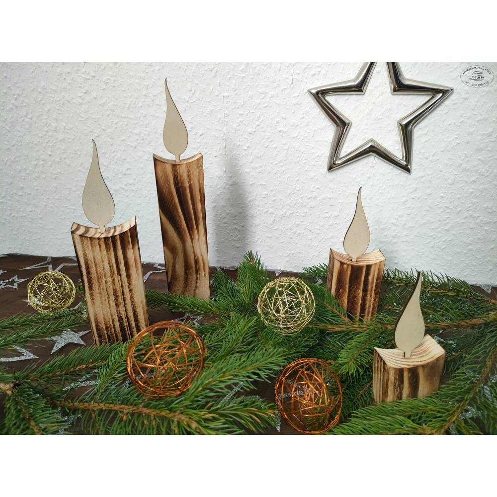 Kerzen aus Holz, rustikal geflammt, 4er-Set / Weihnachtsdeko / Holzdeko / Advent / Weihnachten