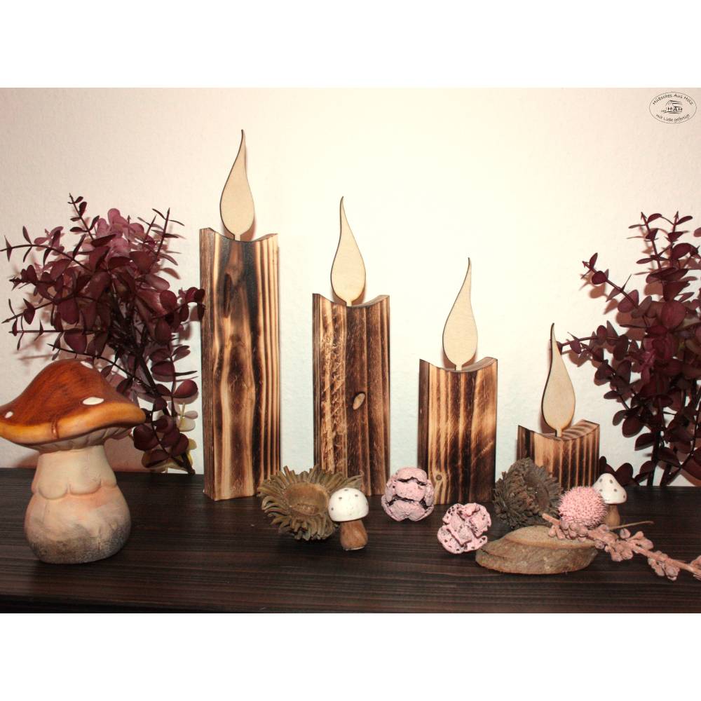 Kerzen aus Holz, rustikal geflammt, 4er-Set / Weihnachtsdeko / Holzdeko / Advent / Weihnachten