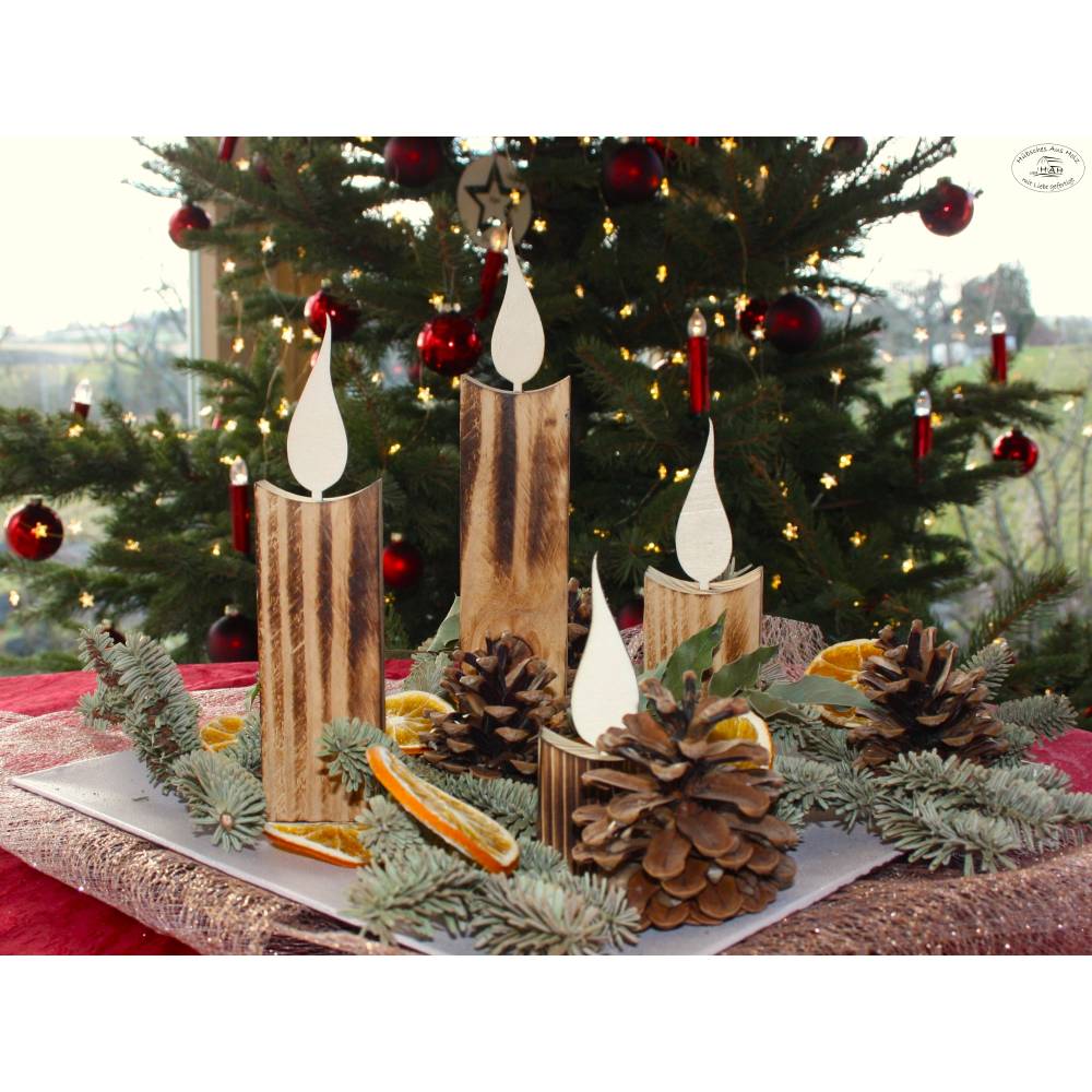 Kerzen aus Holz, rustikal geflammt, 4er-Set / Weihnachtsdeko / Holzdeko / Advent / Weihnachten