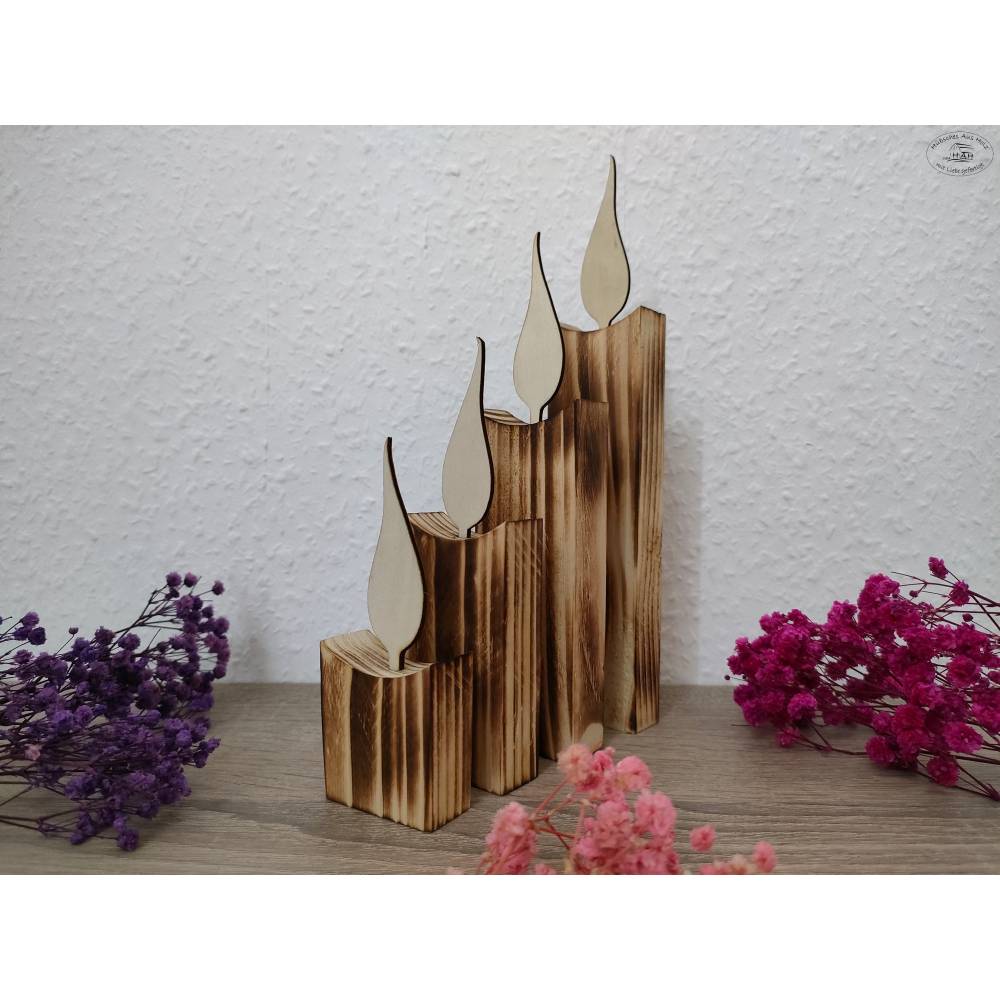 Kerzen aus Holz, rustikal geflammt, 4er-Set / Weihnachtsdeko / Holzdeko / Advent / Weihnachten