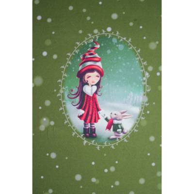 French Terry Panel Mädchen mit Hase moosgrün – 1,03m x 1,50m – Digitalprint Sommersweat Panelstoff