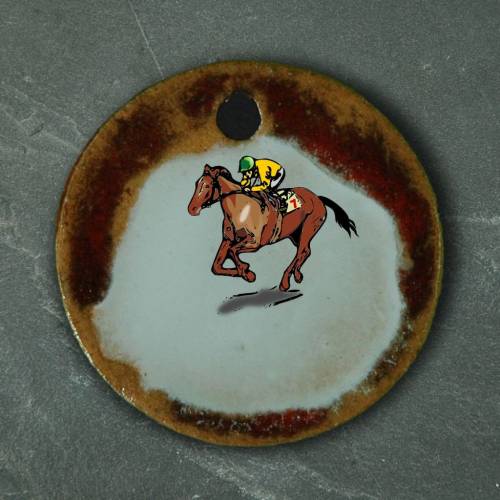 Orgineller Keramik Anhänger Pferdrennen; Jockey Dressur reiten Reitschule Tier, Schmuck handgefertigt homemade Halskette