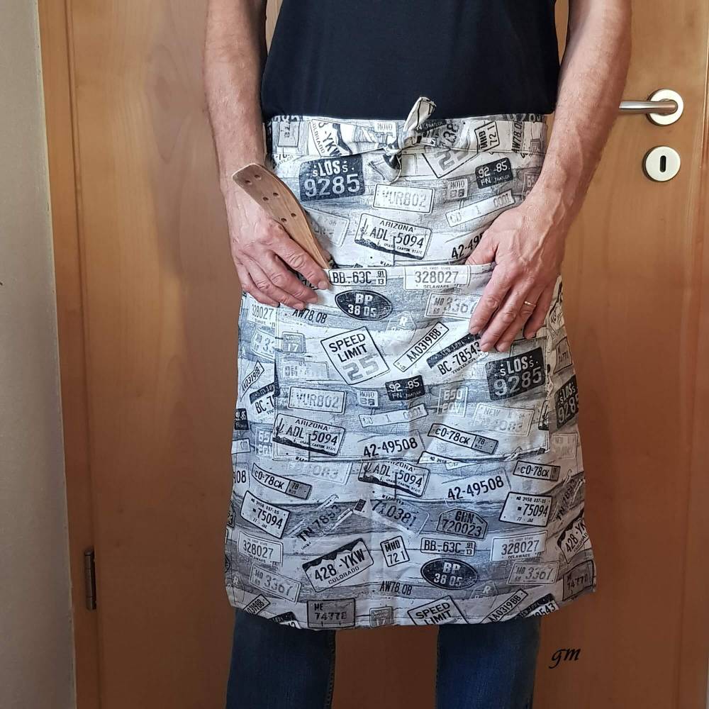 Stoffschürze Bistroschürze schwarz-grau Halb-Schürze mit großer Tasche für Männer & Frauen Handarbeit Bild 1