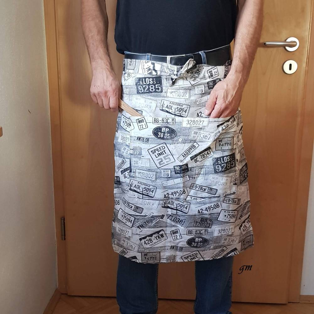 Stoffschürze Bistroschürze schwarz-grau Halb-Schürze mit großer Tasche für Männer & Frauen Handarbeit Bild 3