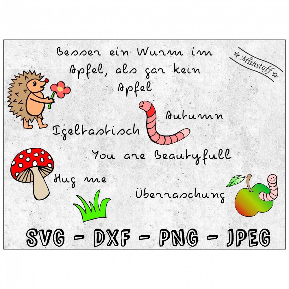 Plotterdatei - Igel - Igelchen - SVG - DXF - PNG - Jpeg + Digipapier - Datei - Apfel - Regenwurm - Pilz Bild 1