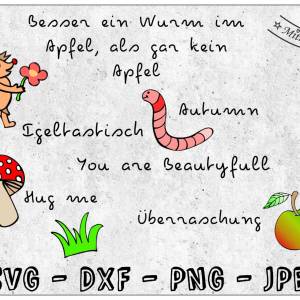 Plotterdatei - Igel - Igelchen - SVG - DXF - PNG - Jpeg + Digipapier - Datei - Apfel - Regenwurm - Pilz