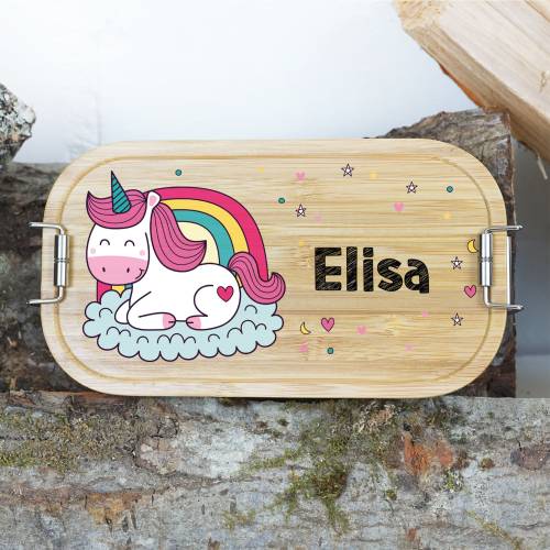 Lunchbox personalisiert, Brotdose für Kinder bedruckt mit Name, Brotbox für Kindergarten, Edelstahldose mit Bambusdeckel