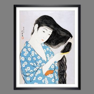 Japanische Kunst - Holzschnitt 1920 -  Frau kämmt ihre Haare - Kosmetik - Kunstdruck Poster Vintage Badezimmer