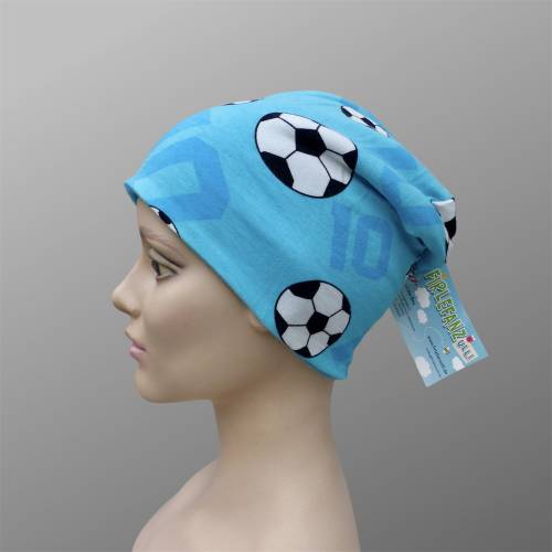 Kinder-Winter-Mütze, Long-Beanie mit Fußball, warme Wendebeanie, Jersey mit Fleece gefüttert, Gr 53/54/55/56/57cm